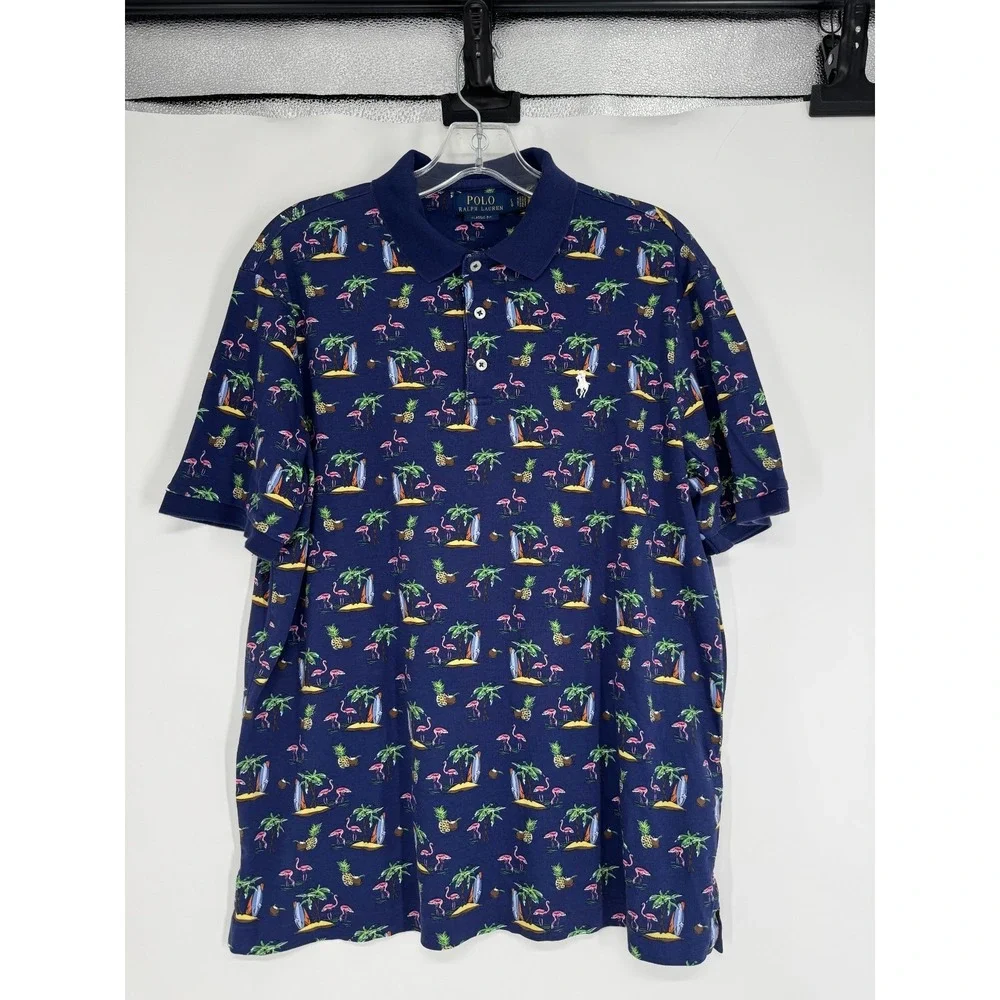 Polo Ralph Lauren Polo Shirt Navy Large Beach Tropical All Over Print Graphic
